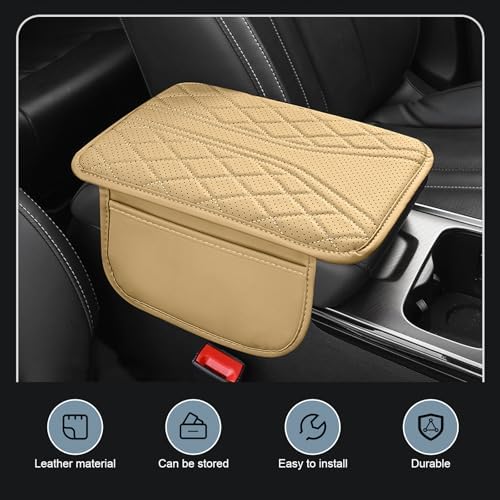 Car Center Console Cover, Leather Auto Armrest Cover with 2 Storage Bags, Universal Cars Armrest Cushion, Vehicle Interior Accessories Protector for Sedan, SUV, Truck((Beige) - Image 3