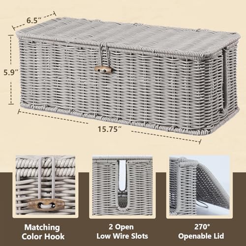 Cable Management Box, Cord Organizer with Lid & Cable Ties - Gray, L - Image 2