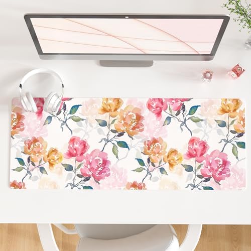 QiyI PU Leather Large Mouse Pad, Office Desk Mat, 31.5" x 11.8", Peonies by QIYI