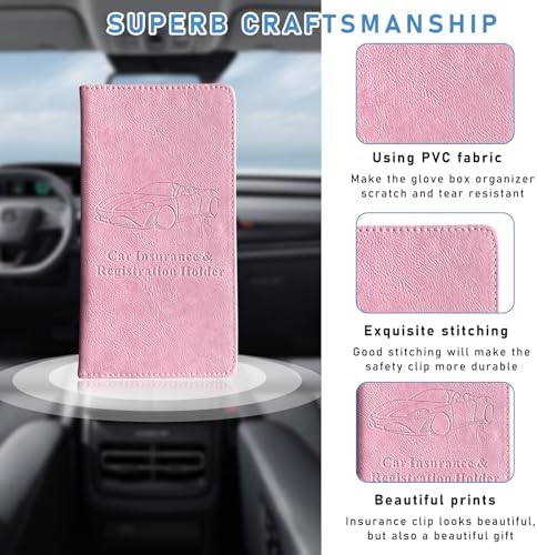 Ziciner Car Registration and Insurance Holder, Auto Card Document Glove Box Organizer with Magnetic Closure, Universal Vehicle Interior Accessories for Cars SUVs (Pink-Large) - Image 3