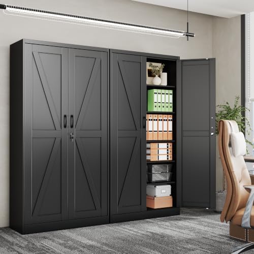 74" Metal Garage Storage Locker Cabinet with Wheels,Rolling White Farmhouse Kitchen Pantry Cabinet with 2 Doors and 5 Adjustable Shelves, Steel File Tool Cabinet for Home Office Warehouse - Image 2