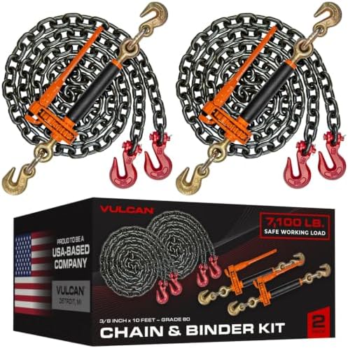 VULCAN Chain and Load Binder Kit - (2) Grade 80 3/8 Inch x 10 Foot Chains and (2) Folding Handle Load Binders - 7,100 Pound Safe Working Load by VULCAN