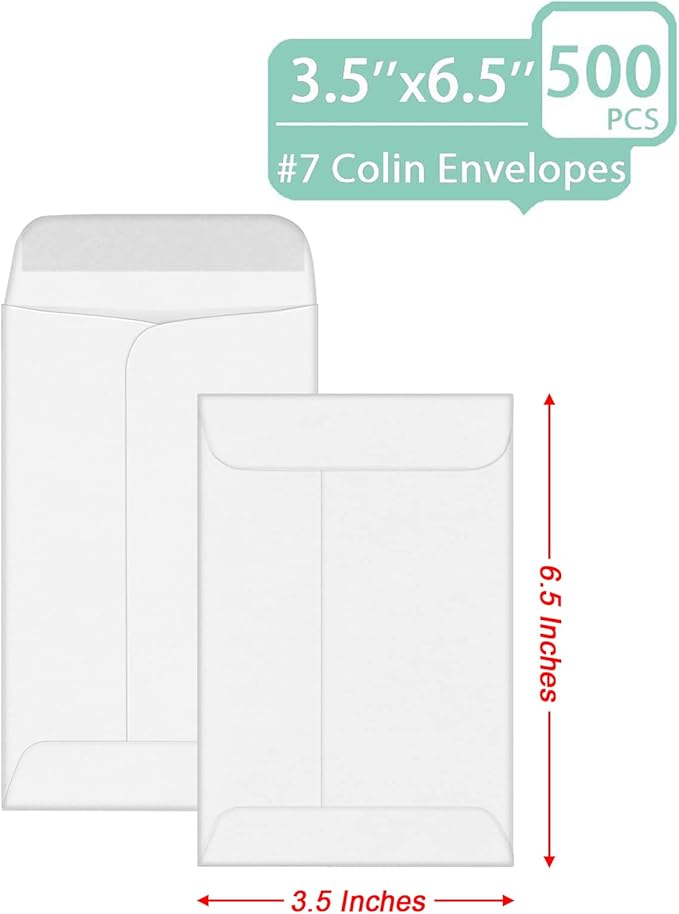 500 PCS #7 Coin Envelopes, 3.5 x 6.5 inches White Kraft Envelopes Classic Small - Image 3
