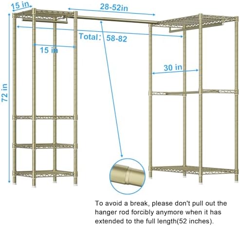 ULIFHOME E10L L-Shaped Clothes Rack for Corner（With Expandable Hanger Rod）Heavy Duty Freestanding Clothing Racks for Hanging Clothes，Portable Garment Rack 58-82"W x 30"D x 72"H，Max Load 900LBS，Gold - Image 2