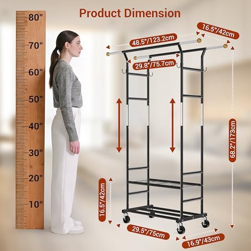 Clothes Rack with 3-Level Height Adjustment - Double Rod Extendable Hanging Rails with Wooden Finials, Luxury 2-Tier Metal Storage Shelves - Sturdy Wardrobe Rack for Closet, Bedroom or Laundry - Image 3
