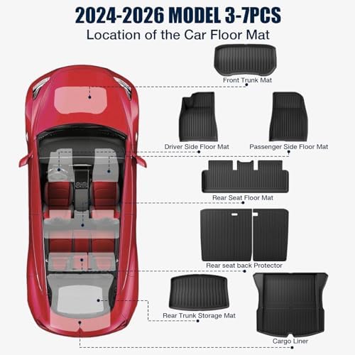 Custom Fit Floor Mats for 2024 2025 2026 Tesla Model 3 Highland/Standard,All Weather TPE Waterproof Odorless Car Mats Set 5-Seater with Rear Seat Back Protector Interior Accessories (7PCS) - Image 2