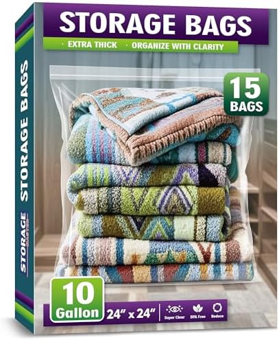Extra Large 10 Gallon Zippered Plastic Bags for Storage- 24'' x 24'', Ideal for Clothes Clothing, Travel, Moving, 3-mil Extra Thick Clear Plastic, 15 pack by Storage+Master