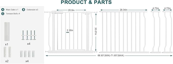 Extra Wide Baby Gate Tension Indoor Safety Gates White Metal Large Pressure - Image 3
