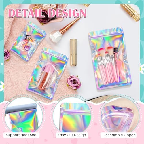 FUNFERY 100 Pack,Round Corner Clear Window Smell Proof Holographic Bags - Image 5
