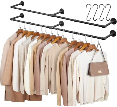 Industrial Pipe Clothing Rack, 66.1" Wall Mounted Clothes Rack Set of 2, Heavy Duty Closet Rod for Hanging Clothes, Space-Saving Detachable Iron Wall Garment Bar 3 Base by BOSHANGJIA