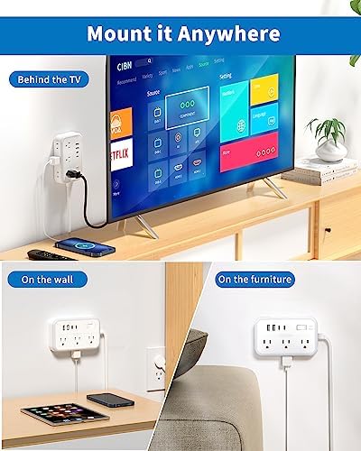Power Strip with 6 Outlets 4 USB Ports(2USB C), Flat Extension Cord with Multiple Outlets, 1080 Joules, 5 ft Flat Plug Outlet Extender for Indoor, Office Supplies, Dorm Room Essentials - Image 5