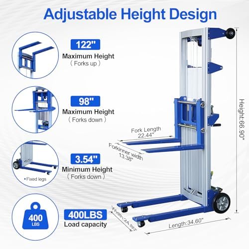 122" Material Lift Winch Stacker, Hand Winch Lift Truck with Fixed-Leg, Manual Material Lifter Pallet Stacker for Contractor, Workshop, Industrial, 400lbs - Image 4