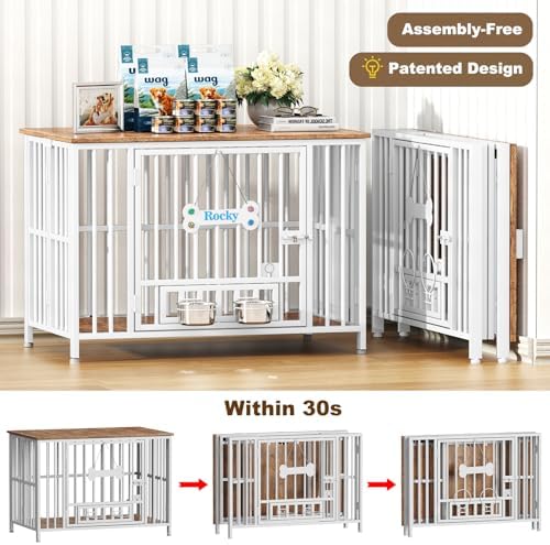 Easycom 41" Dog Crate Furniture Foldable, No Assembly Decorative Dog Kennel Indoor, Dog Crates for Large Dogs(35-60 lb), Wooden Dog Crate with Adjustable Bowls and Name Tag, End Table, White & Beech - Image 2