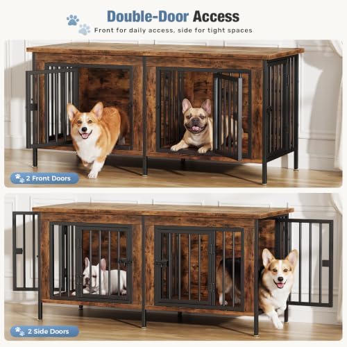 DUMOS 54" Dog Crate Furniture for 2 Dogs with Divider, Brown - Image 2