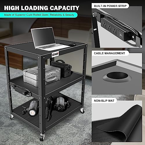 DNA Motoring 3-Layer Utility Steel AV Cart with Wheels Power Strip, 35" x 25" x 24"-42" Height Adjustable Rolling Projector Cart,TOOLS-00137 - Image 6