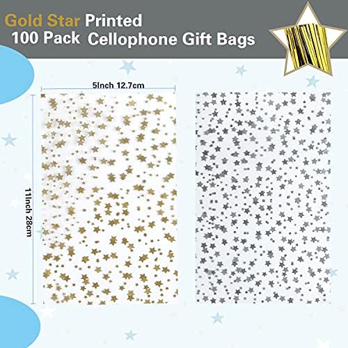 100 Pcs Star Printed 5"X 11" Gift Wrap Cello Cellophane Treat Bags Party Favor bags Clear Candy Cookie Bags Plastic Poly Goodie Storage Bags with Twist Ties for Bakery,Birthday, Wedding ,Party Decorations (Gold) - Image 2