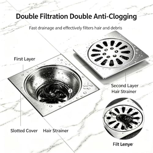 4 Inch Brushed Stainless Steel Square Shower Floor Drain, Floor Drain Cover with Hair Filter and Deodorizing Core, Fast Drainage Drain Accessory for Bathroom, Kitchen, Balcony and Laundry Room - Image 2