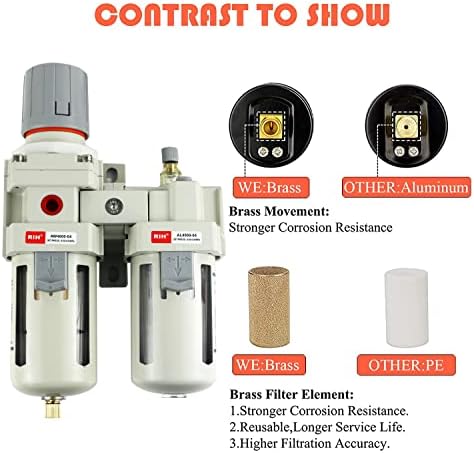RIH Pneumatics 1/2" NPT Compressed Air Filter Regulator Lubricator Combo Water/Oil Trap Separator - Gauge(0-150 psi), Semi-Auto Drain, Poly Bowl,Bracket - 3 in 1 Two Unit (1/2" NPT) - Image 5