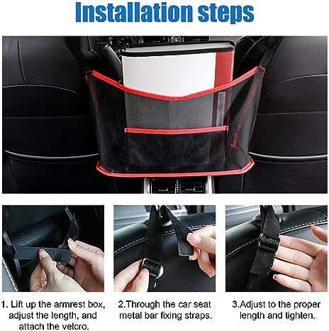 Ziciner Car Net Pocket Handbag Holder, Organizer Mesh Bag Between Two Seat, Driver Storage Netting Pouch for Handbag Purse, Barrier of Backseat Pet Kids, Car Accessories for Women Men (Black&Red) - Image 5