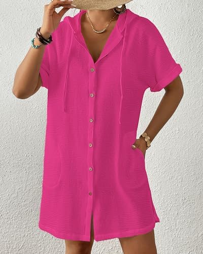Bsubseach Womens Swimsuit Cover Up Shirt Hooded Beach Dress with Pockets - Image 5