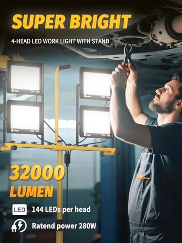 32000 Lumen LED Work Light with Stand, 4-Head Tripod, Remote Control - Image 4