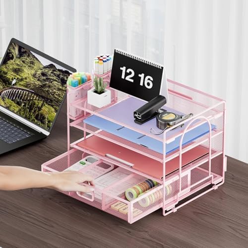 Marbrasse Desk Organizer, 4-Tier Paper File Letter Tray, Pink-2P - Image 4
