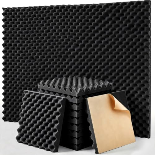 SD SODOCT 24 Pack Self-Adhesive 12" X 12" X 1.2" Egg Crate Soundproof Wall Panels for Studio, Room Acoustic Treatment Foam, Sound Absorbing Foam Black by SODOCT