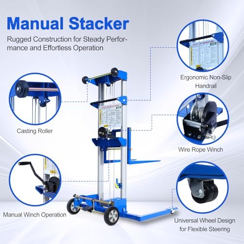 2PCS Material Lift Winch Stacker, 1.97"-142" Height Range, 350 lbs Capacity, Adjustable Straddle Hand Winch Lift Trucks for Warehouse, Factory, 42.90" L x 43.30" W - Image 4