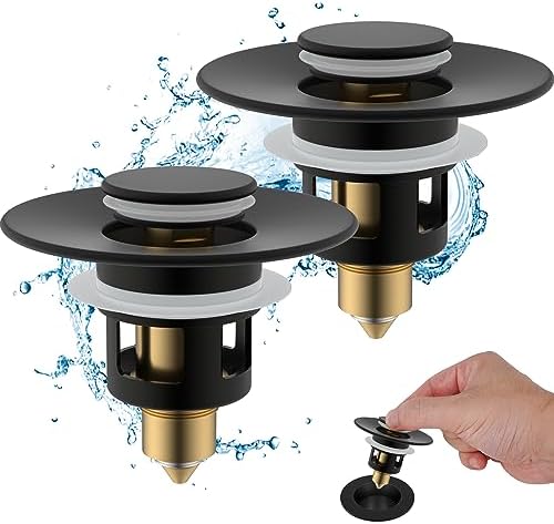 Hibbent 2 Pack All Metal Universal Bathroom Sink Stopper for 1.1''~2.3'' Basin, Pop Up Sink Drain Strainer, Brass Bullet Core Push Type Stopper, Stainless Steel Anti Clogging Drain Filter, Matte Black by Hibbent