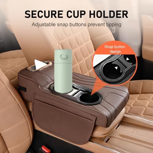 Multifunctional Car Armrest Cover, Premium PU Leather Memory Foam Center Console Cushion with Dual Cup Holders Tissue Box, Center Console Organizer Storage Pouch for Sedans SUVs Trucks (Coffee) - Image 4