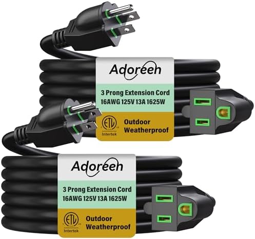 Adoreen Outdoor Power Extension Cord 50 Ft/2 Pack, 3 Prong 16 AWG Grounded Wire Heavy Duty Weatherproof Electric Cable for Indoor Christmas Light Lamp, 13A 125V 1625W, SJTW-ETL- Black with Green by Adoreen
