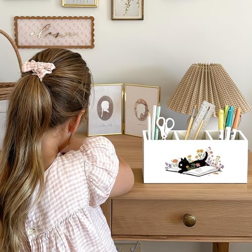 Black Cat Pen Holder, Book Lovers Reader Gifts Pencil Holder for Desk, Black Cat Lovers Gifts for Women, Floral Book Wooden Box Sign Decorations for Reading Room Corner Nook Desk Tabletop - Image 4