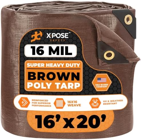 16' x 20' Super Heavy Duty 16 Mil Brown Poly Tarp Cover - Thick Waterproof, UV Resistant, Rip and Tear Proof Tarpaulin with Grommets and Reinforced Edges - by Xpose Safety by XposeSafety