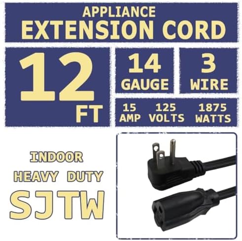 12 Ft Heavy Duty Appliance Extension Cord - 14 Gauge 3 Prong SPT-3 Cable Wire, Ideal for Air Conditioners, Refrigerators, and Major Appliances - Indoor Use, Black - Image 2
