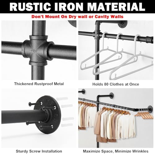 Livabber Industrial Pipe Clothes Rack, Heavy Duty Detachable Iron Garment Rack Wall Mounted, Rustic Saving Space Clothes Bar Multi-Purpose Hanging Rod for Bedroom, Closet, 2 Tier, Black (82 Inch) - Image 3
