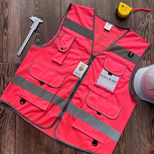 TCCFCCT Mesh High Visibility Vest 9 Pockets Safety Vest for Men, Pink XL - Image 5