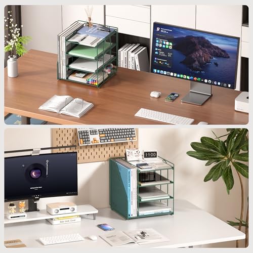 Desk File Organizer and Accessories, 4-Tier Paper Organizer with Vertical File Holder, Office Desk Accessories & Workspace Organizers and Storage for Office Supplies (Green) - Image 3