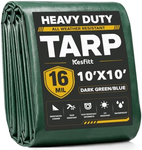 Kesfitt 16 Mil Heavy Duty Waterproof Tarp, 10x10 FT, Dark Green & Blue by Kesfitt