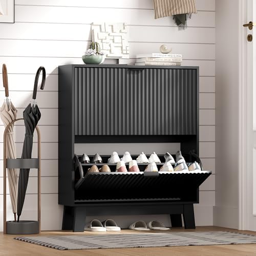 HUANLEGO Shoe Cabinet Storage for Entryway with 2 Flip Drawers, Fluted Narrow Shoe Organizer with Wooden Legs, Freestanding Slim Shoe Storage Hidden Shoe Rack Organizer for Front Door Entrance, Black by HUANLEGO