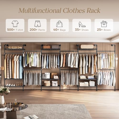 Wall Mounted Closet System, Heavy Duty 6-Row Clothes Rack, Expandable Industrial Pipe Closet Organizers and Storage with 6 Telescopic Rods, 3 Fixed Rods, 7 Hooks & 9 Shelves for Wardrobe, Bedroom - Image 4