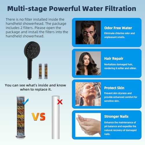 Hibbent All Metal 12'' Dual Filtered Rainfall Shower Head Combo, High Pressure Handheld Shower Head with 12'' Adjustable Curved Extension Arm, 20 Stage Shower Filter, 10-spray, 71'' Hose, Matte Black - Image 5