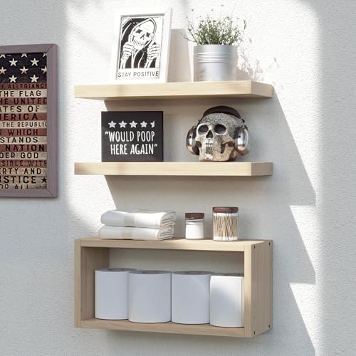 RICHER HOUSE 3-Set Floating Shelves, Natural Bathroom Shelf Over Toilet by RicherHouse