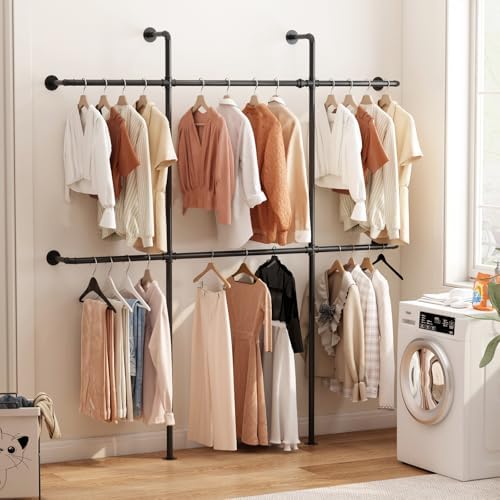 Industrial Pipe Clothing Rack Wall Mount, Black Pipe Clothes Rack with 6 Hanging Rods, Heavy Duty Pipe Clothing Rack for Laundry Room, Closet Systems for Walk in Closets - Image 5