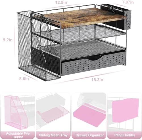 Wood Desk Organizers and Accessories with File Sorters, 4-Tier Desk Accessories & Workspace Organizers with Drawer and Pen Holder, Desk Reference Organizer (Wood, 4T with Drawer) - Image 4