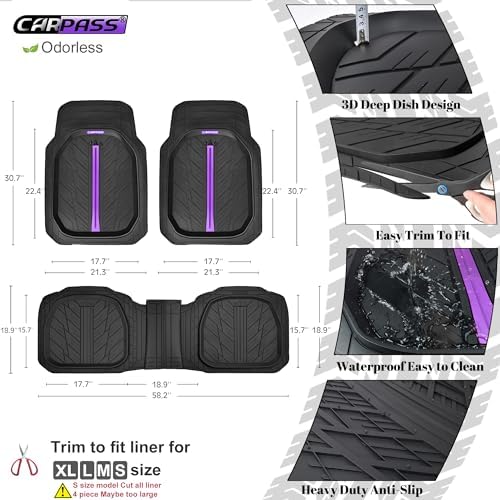 CAR PASS Tire Tread DeepDish Rubber Floor Mats for car Heavy Duty car mats All Weather, Universal XL~M Trim to Fit for Truck SUV Vehicle Automotive, Waterproof car mats 3 Piece (Purple Black) - Image 2