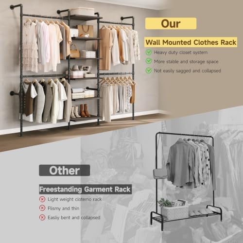 ONBRILL T1 Wall Mounted Closet System with 6 Wood Shelves & 4 Hanging Rods - Image 5