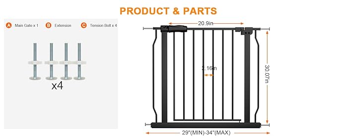 Narrow Baby Gates for Stairs Doorways Auto Close Tension Black Metal Child Pet - Image 2