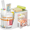 Marbrasse Desk Organizer with 2 Drawer, 360°Rotating Pen Holder, Desk Organizers and Accessories with 6 Slots Pencil Organizer + 2 Drawer, Art Supply Storage Box Caddy for Office (White) by Marbrasse