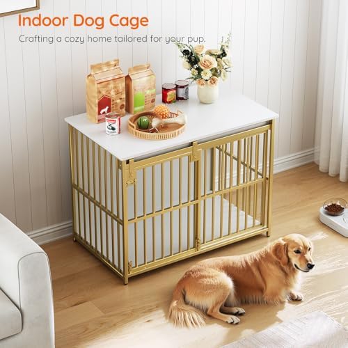 HOOBRO Dog Crate Furniture, 36.6" Heavy Duty Dog Kennel with Sliding Barn Door, Wooden Dog Cage Indoor, Decorative Side End Table for Small/Medium Dogs, White and Gold GD162GW03G1 - Image 4