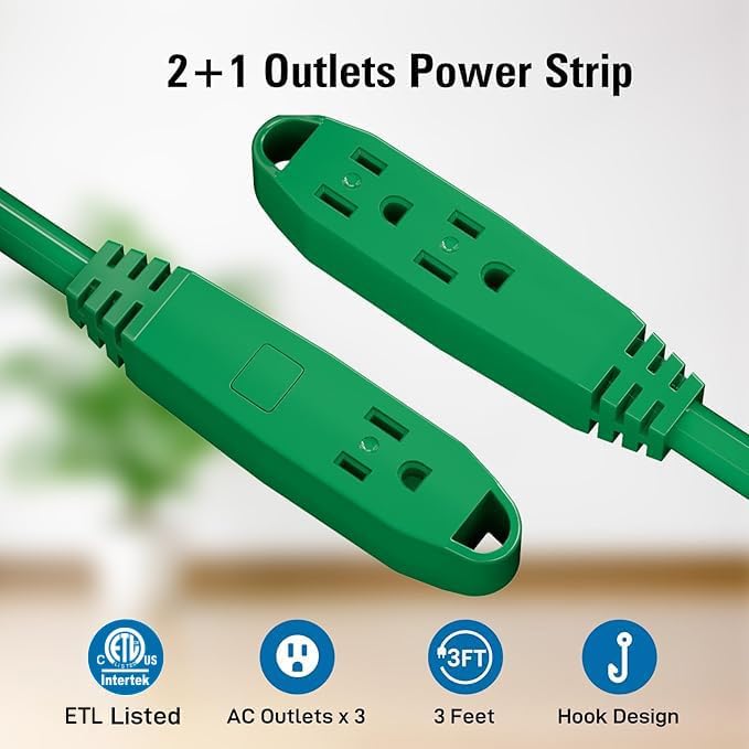 K KASONIC 3 FT 3 Outlet Extension Cord, 16/3 SJTW Grounded Cord, Green - Image 3
